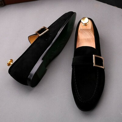 Handmade black monk suede men dress flats shoes
