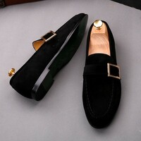 Handmade Black Monk Suede Men Dress Flats Shoes - Thumbnail 1