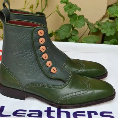 Crafted Leather Men Green Ankle High Button Dress Boots 