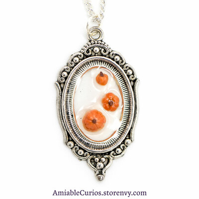 Triple pumpkin cameo, floating fruits series, original polymer clay and resin jewelry, antique silver