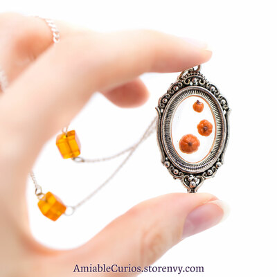 Triple pumpkin cameo, floating fruits series, original polymer clay and resin jewelry, antique silver