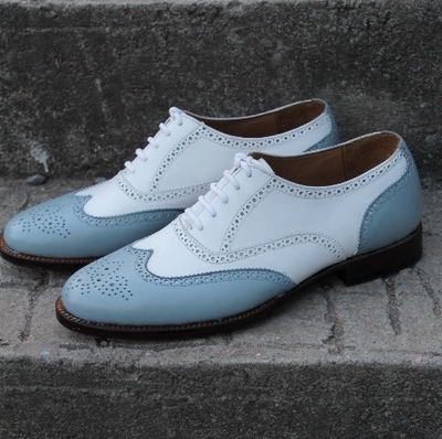 Crafted Leather Gray White Leather Handmade Wingtip Oxford Dress Shoes