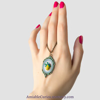 Yellow Pear Branch Cameo, Floating Fruits series, original polymer clay and resin jewelry, antique bronze - Thumbnail 6