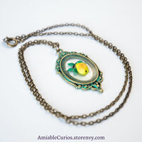 Yellow Pear Branch Cameo, Floating Fruits series, original polymer clay and resin jewelry, antique bronze - Thumbnail 5