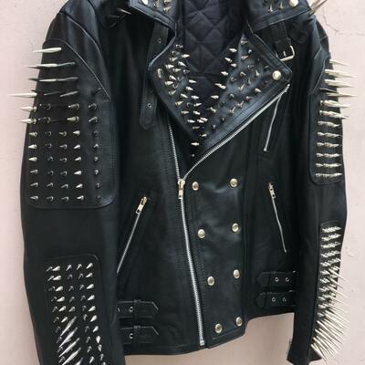 Men's handmade black silver long spiked studded cowhide leather jacket - Thumbnail 4