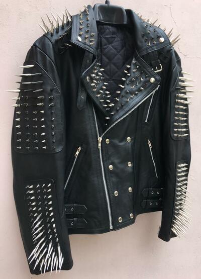 Men's Handmade Black Silver Long Spiked Studded Cowhide Leather Jacket