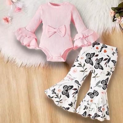 Baby and toddler girls long sleeve pink ruffle sleeve romper and flared pants free shipping