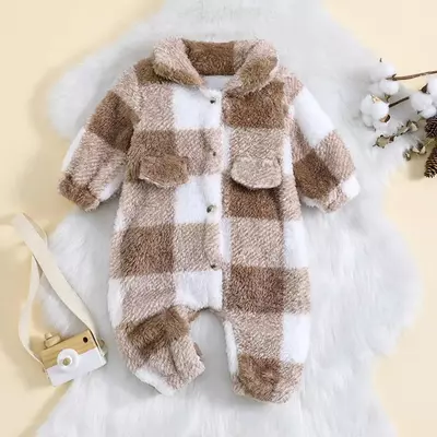 Infant baby boys cute long sleeve romper button down lapel plaid print jumpsuit free shipping!