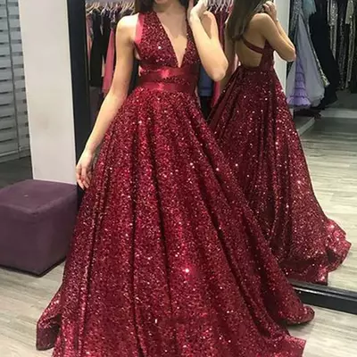 Sexy burgundy sequins ball gown, glitter prom dresses with deep v-neck - Thumbnail 1