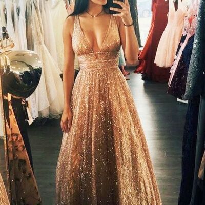 Deep v-neck floor length prom dresses - Thumbnail 1