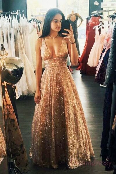 Deep V-Neck Floor Length Prom Dresses