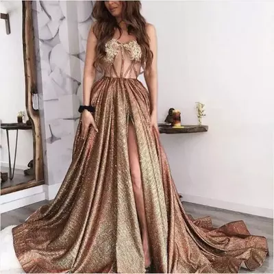 Sparkle a-line gold prom dresses, semi formal gown - Thumbnail 1