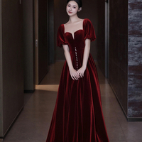 Burgundy Velvet Long A-Line Prom Dress - Thumbnail 1