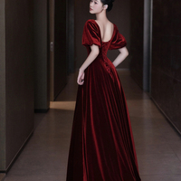 Burgundy Velvet Long A-Line Prom Dress - Thumbnail 2