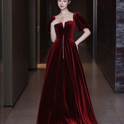 Burgundy velvet long a-line prom dress - Thumbnail 2