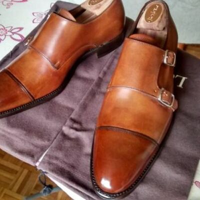 New gentlemen look classic brown handmade monk strap formal shoes - Thumbnail 1