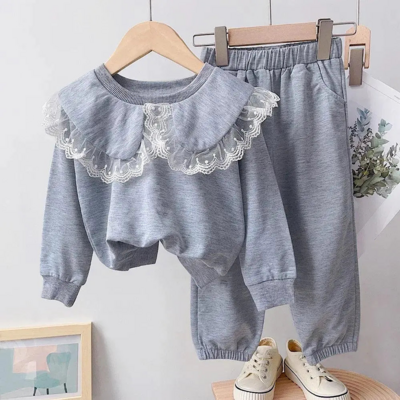Toddler girls gray lace trim ruffle cotton sweatshirt and joggers casual 2pc set free shipping