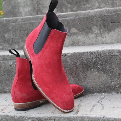 Crafted leather classic men handmade red suede leather chelsea boot - Thumbnail 5