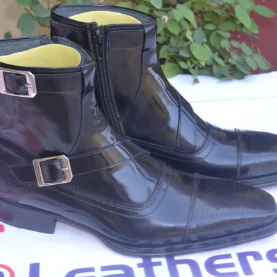 Crafted leather handmade black ankle high buckle strap military long boot