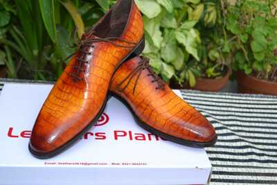 Crafted Leather Handmade Yellow Classic Crocodile/Alligator Lace up Dress Shoes 