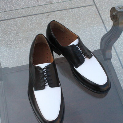 Crafted leather handmade men two tone black white formal dress stylish lace up oxford shoes - Thumbnail 4