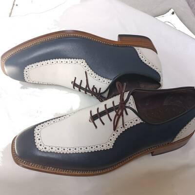 Crafted leather classic blue white leather dress lace up oxford shoes  - Thumbnail 5
