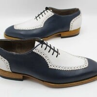 Crafted Leather Classic Blue White Leather Dress Lace up Oxford Shoes  - Thumbnail 1