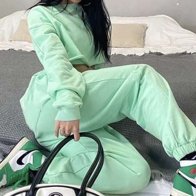 Two piece cotton crop top jogger set - mint 