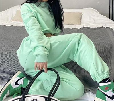 Two Piece Cotton Crop Top Jogger Set - MINT 