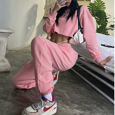 Two piece cotton crop top jogger set - pink 