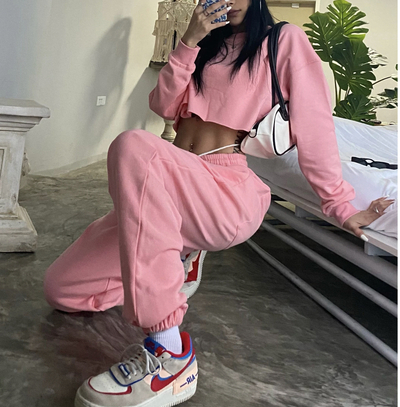 Two Piece Cotton Crop Top Jogger Set - PINK 