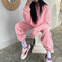 Two Piece Cotton Crop Top Jogger Set - PINK  - Thumbnail 1