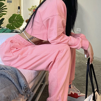 Two Piece Cotton Crop Top Jogger Set - PINK  - Thumbnail 2