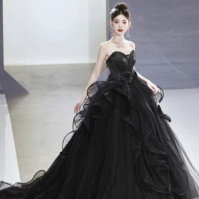 Black strapless tulle long a-line ball gown - Thumbnail 4