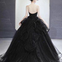 Black Strapless Tulle Long A-Line Ball Gown - Thumbnail 1