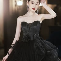 Black Strapless Tulle Long A-Line Ball Gown - Thumbnail 4