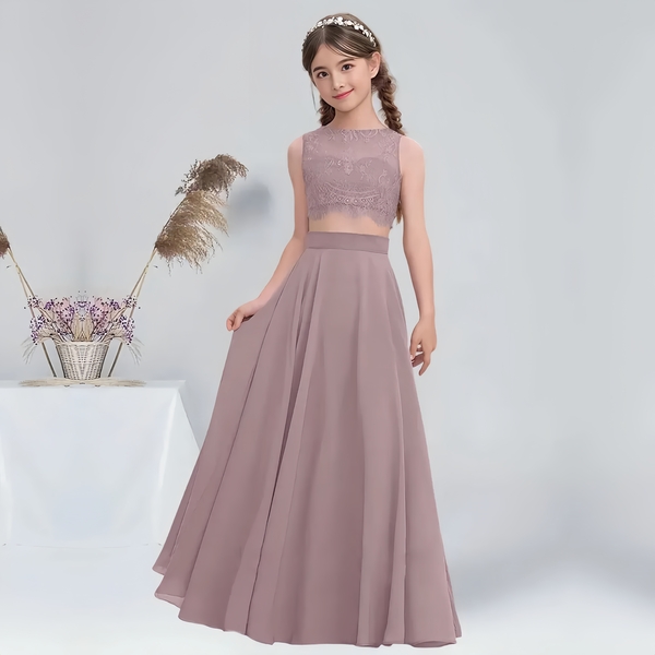 A-line Scoop Floor-Length Chiffon Lace Junior Bridesmaid Dresses Sleeveless 2 Pcs Flower Girl Dress Summer Girl Bridesmaid Dress