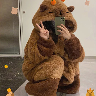 Brown capybara fleece velvet pajama set