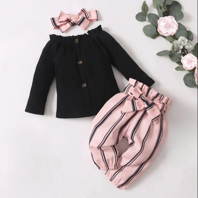 Baby toddler girls 4pc clothing set black long sleeve top pink striped pant and bow free shipping