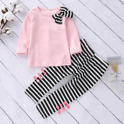 Toddler girls long sleeve pink tunic top and striped pants 2pc spring set, free shipping