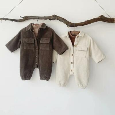 Baby boys corduroy long sleeve fleece lined button up romper jumpsuit one-piece outfit, free shipping