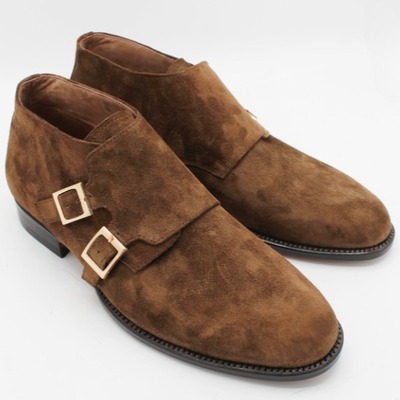 Crafted leather handmade dark brown suede leather double buckle chukka boot