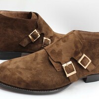 Crafted Leather Handmade Dark Brown Suede Leather Double Buckle Chukka Boot - Thumbnail 1