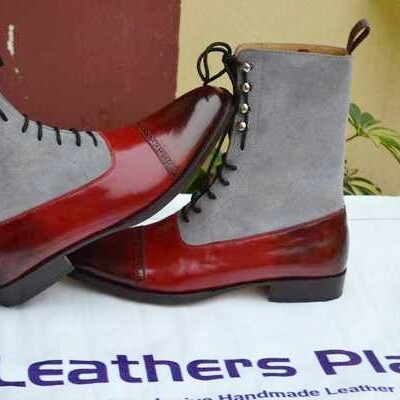 Crafted leather new handmade mens gray suede burgundy leather lace up ankle high dress boot - Thumbnail 5