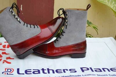 Crafted Leather New Handmade Mens Gray Suede Burgundy Leather Lace up Ankle High Dress Boot