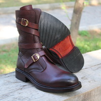 Crafted Leather Handmade Burgundy Color Buckle Strap Long Military Ankle High Army Boot - Thumbnail 3