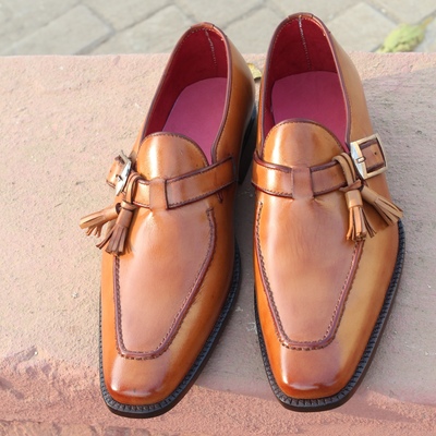 Crafted leather classic brown single monk with tassel loafers style dress oxford shoes for men