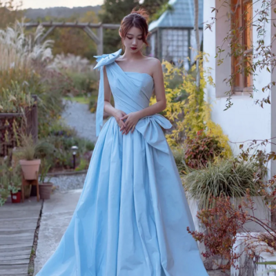 Blue satin one shoulder floor length prom dress, lovely a line evening party dress kpp1704