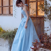 Blue Satin One Shoulder Floor Length Prom Dress, Lovely A Line Evening Party Dress KPP1704 - Thumbnail 1