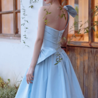 Blue Satin One Shoulder Floor Length Prom Dress, Lovely A Line Evening Party Dress KPP1704 - Thumbnail 3